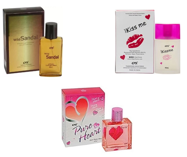 Combo of CFS Pure Heart Pink with Kiss Me & Wild Sandal Perfumes for Men & Women (40 ml, Pack of 3)