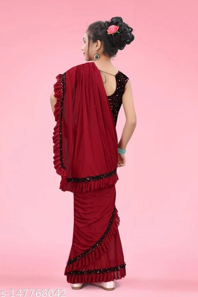 Solid Fancy Saree for Girls with Blouse (Red, 3-4 Years)