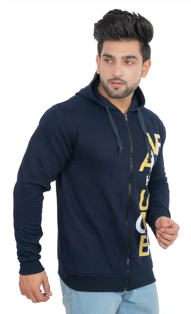 Men's Printed Hooded Sweatshirt (Navy Blue, L) (SS-40)