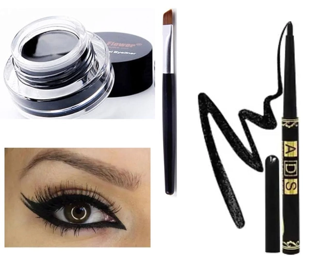 Combo of ADS Kajal & Musk Flower Waterproof Eyeliner Gel with Brush (Black, Set of 2)