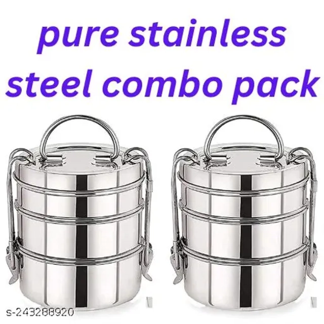 Stainless Steel 2 Layer Lunch Box (Silver, Set of 2)