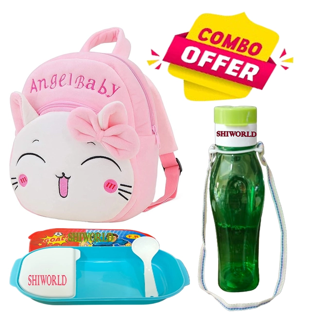 Fabric Backpack with Lunch Box & Water Bottle for Kids (Multicolor, Set of 3)