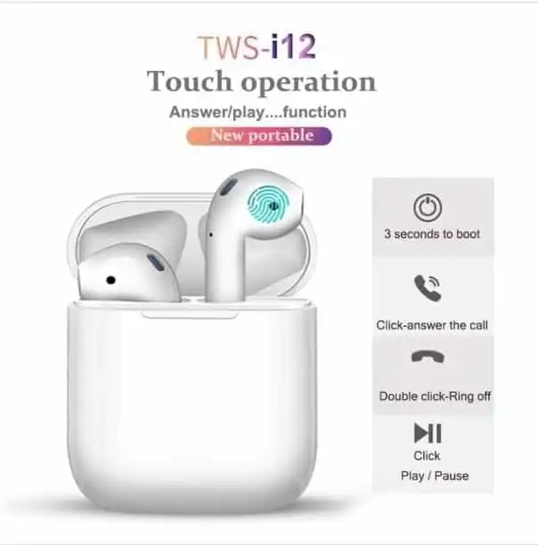 i12 TWS ईरफ़ोन विद पोर्टेबल 300 mAh चार्जिंग केस ट्रू वायरलेस एअरबुद्स विद सेंसर