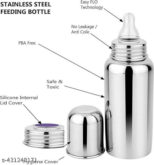 Stainless Steel Milk Bottle (450 ml), Fruit Nibbler, 2 Pcs Nipple for infants (Multicolor, Set of 4)