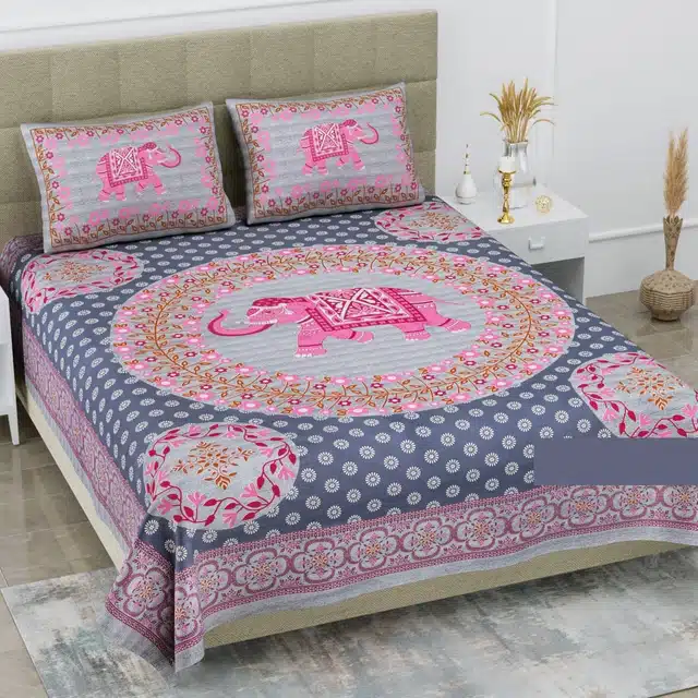 Premium Queen Size Double Cotton Bedsheet with Two Pillow Cover (Blue, 90X100 Inches) (Vc-041)