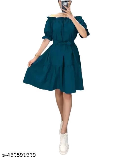 Crepe Solid Dress for Women (Teal, S)