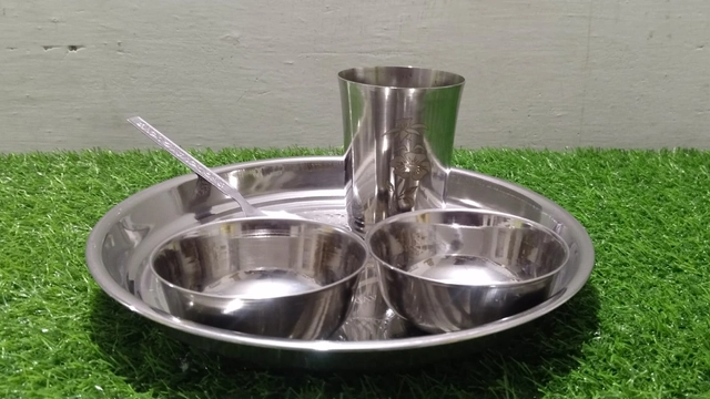 Stainless Steel Plate with 2 Bowls, Spoon & Glass Dinner Set (Silver, Set of 5)