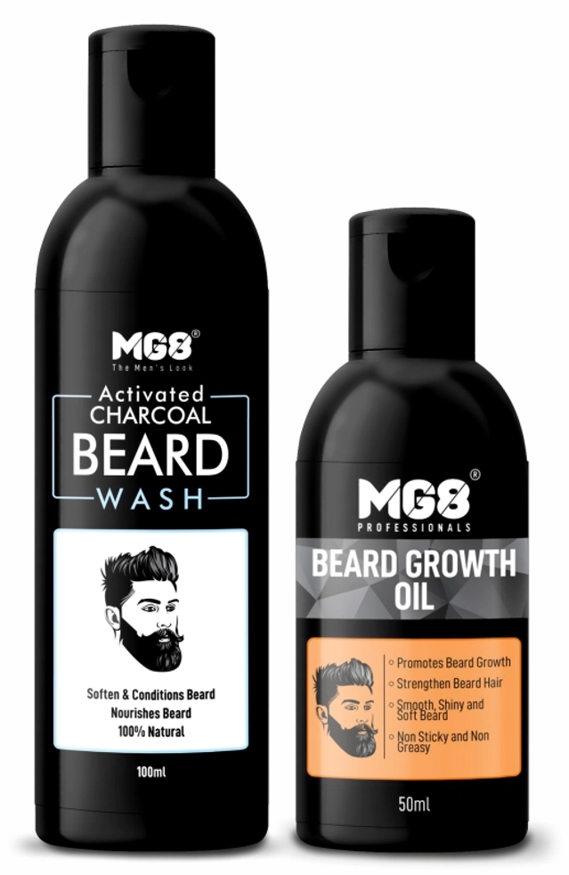 Combo of MG8 Activated Charcoal Beard Wash (100 ml) with Growth Oil (50 ml) (Set of 2)