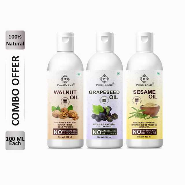 PuriFlame Pure Walnut Oil (100 ml) & Grapeseed Oil (100 ml) & Sesame Oil (100 ml) Combo For Rapid Hair Growth (Pack Of 3) (B-7900)