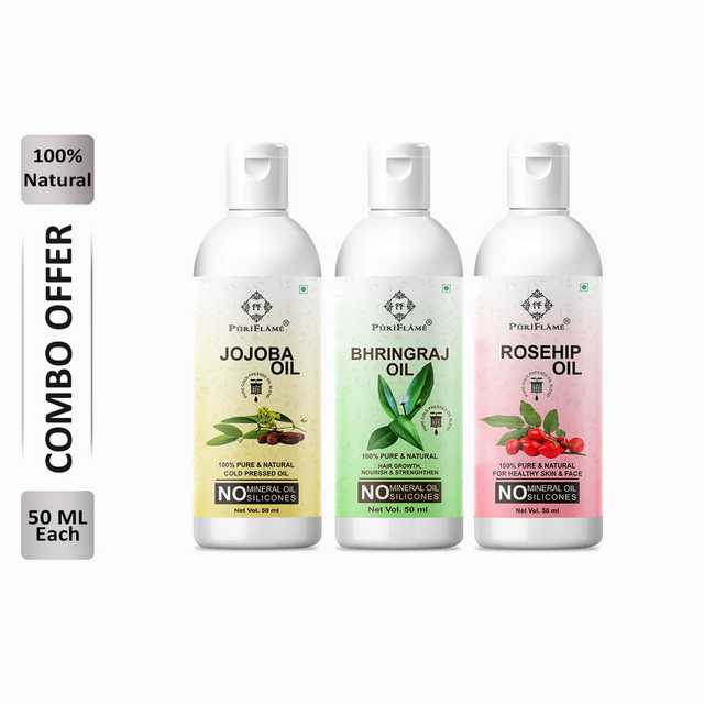 Puriflame Pure Jojoba Oil (50 ml), Bhringraj Oil (50 ml) & Rosehip Oil (50 ml) Combo for Rapid Hair Growth (Pack Of 3) (B-11413)
