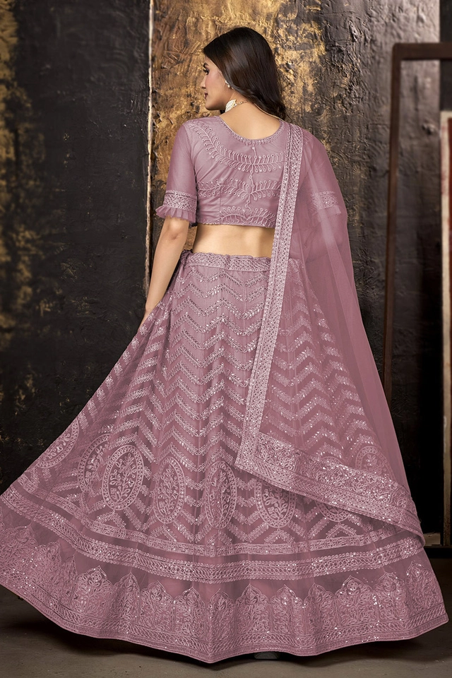 Net Embroidered Semi Stitched Lehenga for Women (Pink)