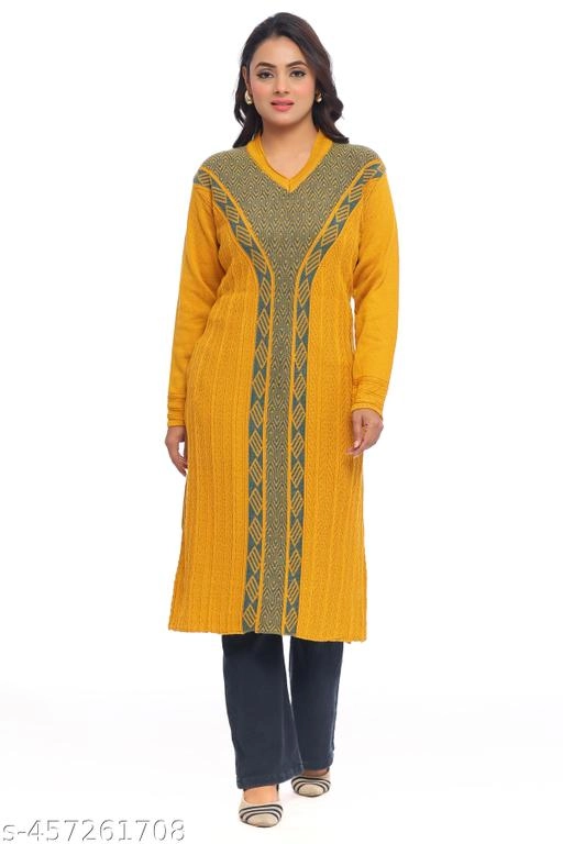 Woolen Printed Kurti for Women (Mustard, L)