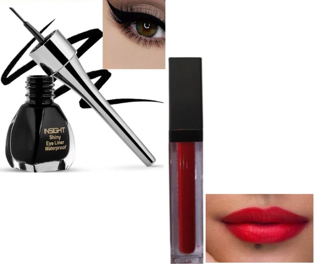 Ultra Matte Liquid Lip Color (Red) with Waterproof Smudge Free Eyeliner (Black) (Set of 2)