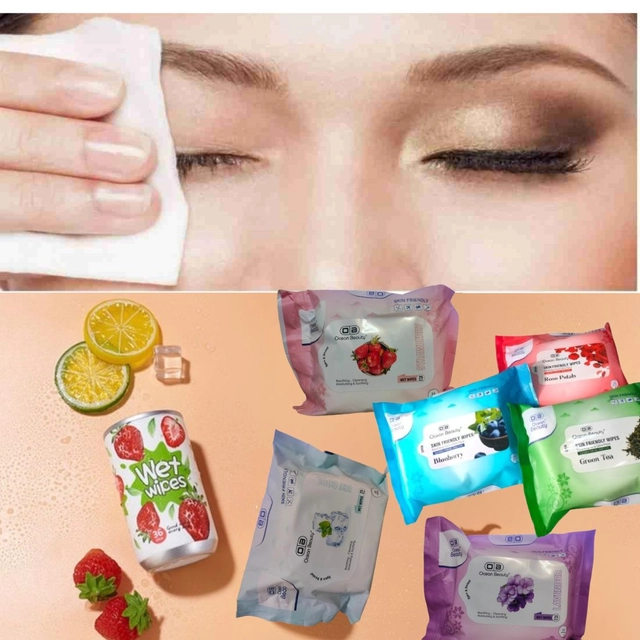 Combo of Ocean Beauty 25 Pcs Rose Petal with 25 Pcs Lavender & 36 Pcs Strawberry Flavours Face Cleansing Wet Wipes (Set of 3)