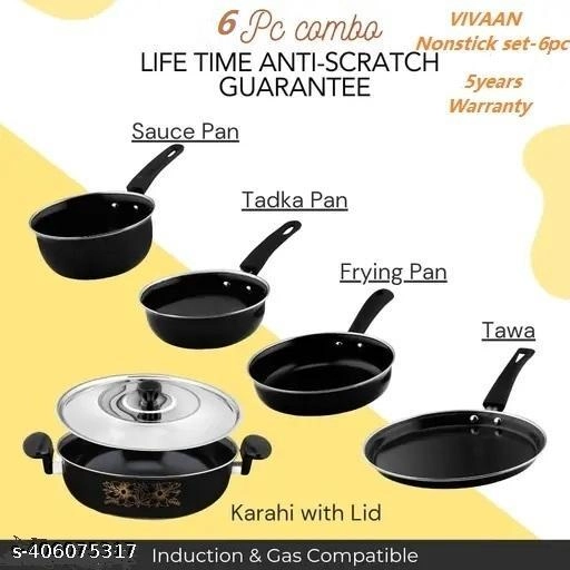 Combo of Sauce Pan, Tadka Pan, Fry Pan, Tawa & Kadai with Lid (Black, Set of 5)