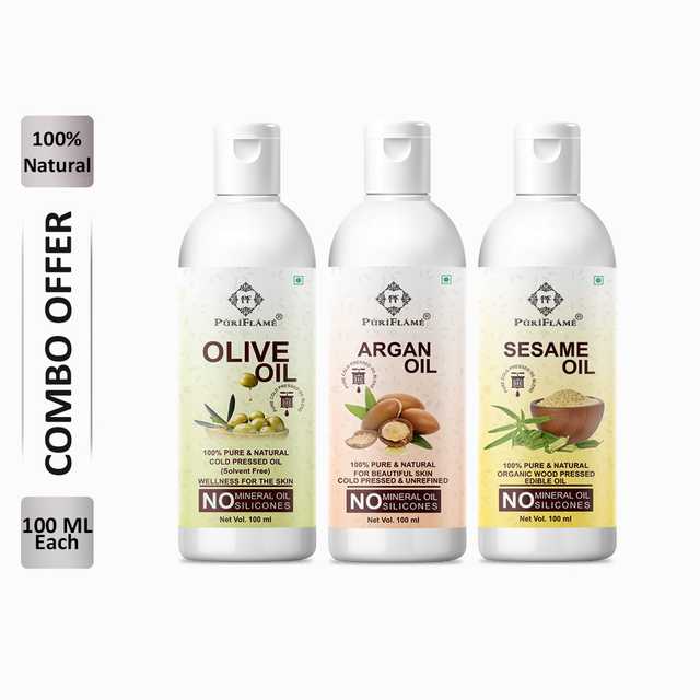PuriFlame Pure Olive Oil (100 ml) & Argan Oil (100 ml) & Sesame Oil (100 ml) Combo For Rapid Hair Growth (Pack Of 3) (B-6063)