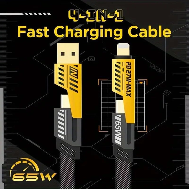 4 in 1 Metal Flat Braided Charging Cable (Black, 60 W)