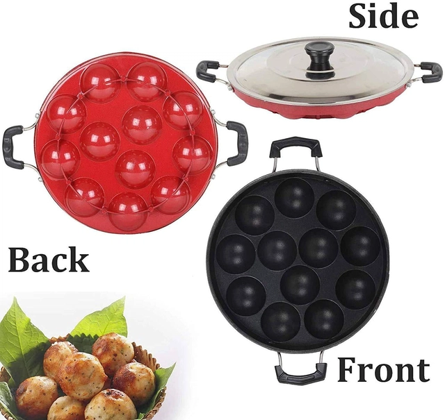 12 Cavities Non Stick Appam Patra with Lid (Red & Black, 1000 ml)