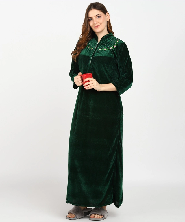 Velvet Embroidered Nightdress for Women (Bottle Green, Free Size)