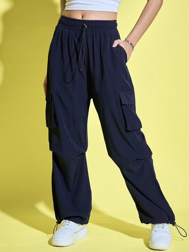 Polyester Loose Fit Trousers for Women (Navy Blue, 28)