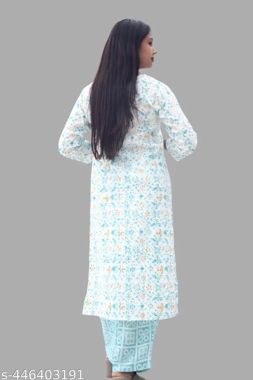 Rayon Printed Kurti with Palazzo for Women (Aqua Blue, M)