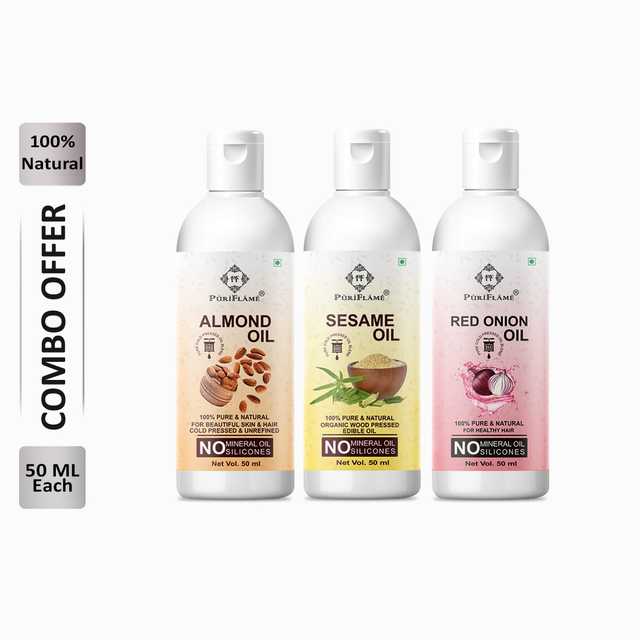 Puriflame Pure Almond Oil (50 ml), Sesame Oil (50 ml) & Red Onion Oil (50 ml) Combo for Rapid Hair Growth (Pack of 3) (B-8880)