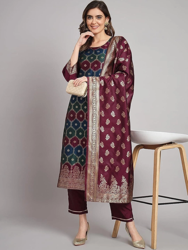 Cotton Silk Woven Kurta with Pant for Women (Multicolor, M)