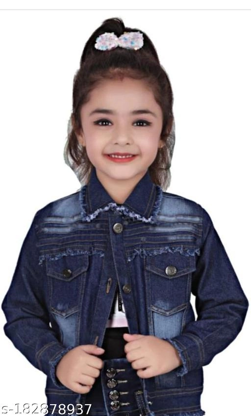 Denim Solid Jacket for Girls (Navy Blue, 3-4 Years)