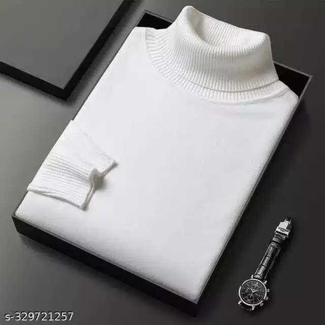 Cotton Blend High Neck Sweater for Men (White, M)
