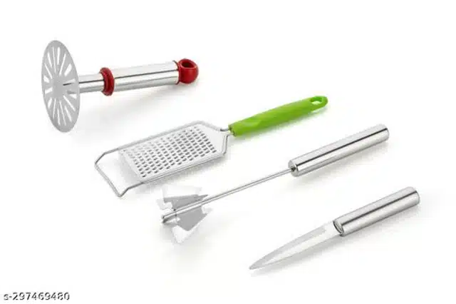 Stainless Steel Masher with Cheese Grater, Hand Whisk Blender & Kitchen Knife (Multicolor, Set of 4)