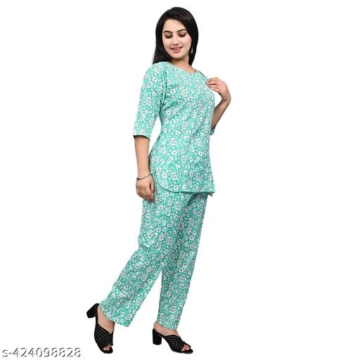 Rayon Printed Nightsuit for Women (Sky Blue, S)