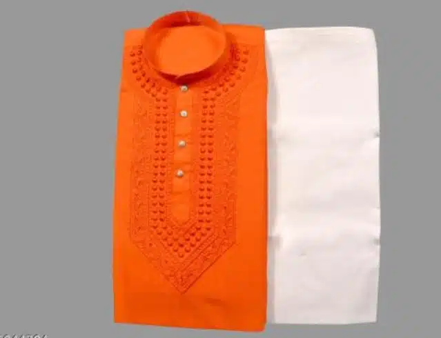 Cotton Embroidered Kurta with Pajama for Men (Orange & White, M)