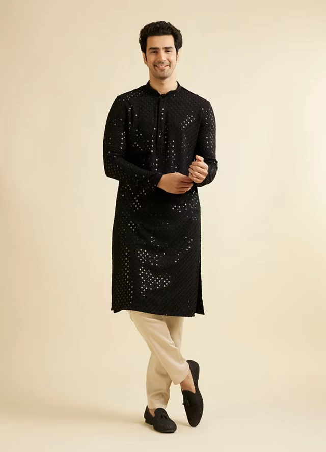 Cotton Blend Embroidered Kurta for Men (Black, S)