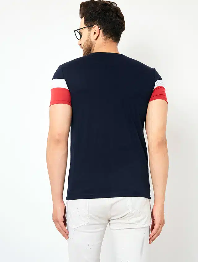 Men's Color Blocked Casual T-shirt (Navy Blue, L)