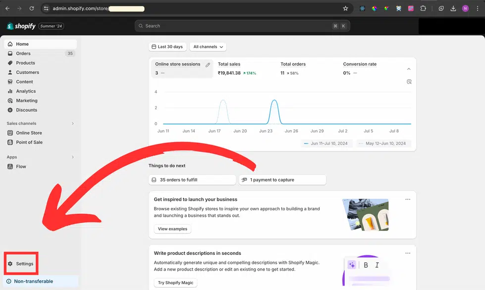 Step 1: Go to your Shopify store admin and open 'Settings'.