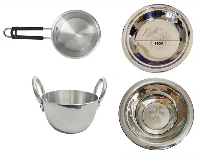 Aluminium Kadhai with Saucepan & Stainless Steel Basin & Parat (Silver, Set of 4)