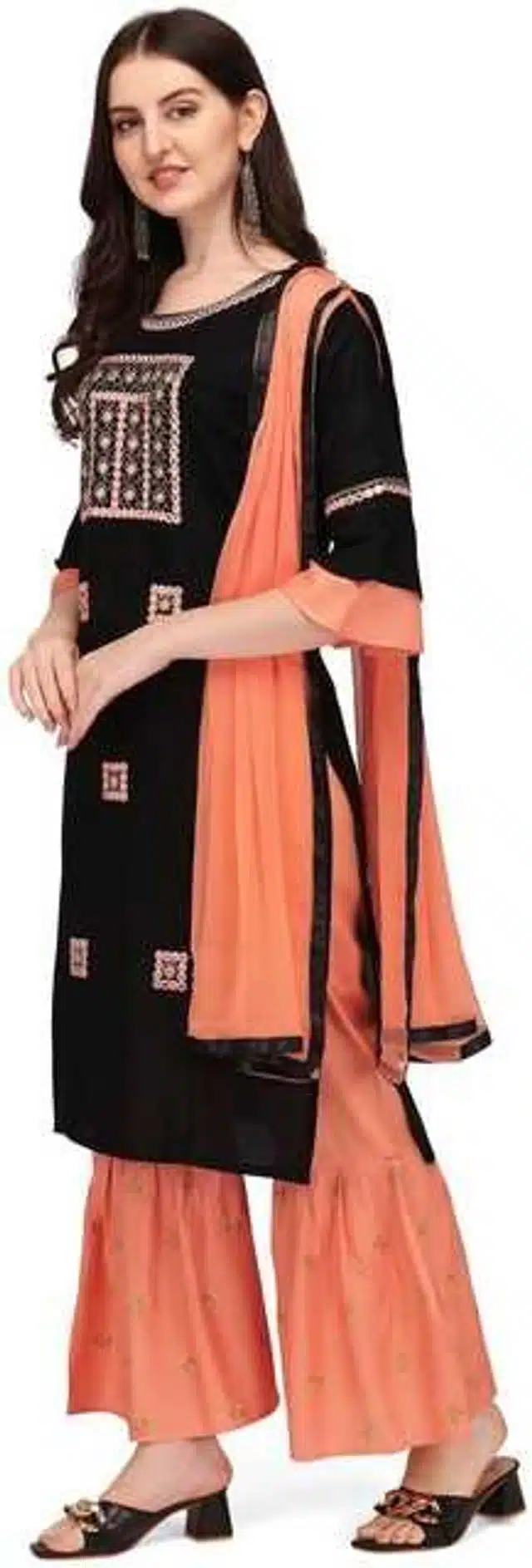 Women Cotton Rayon Embroidered Kurta And Sharara Set (Black, M) (SD-20)