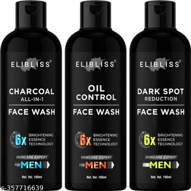 Combo of ELIBLISS Charcoal, Oil Control & Dark Spot Removal Face Wash for Men (100 ml, Pack of 3)