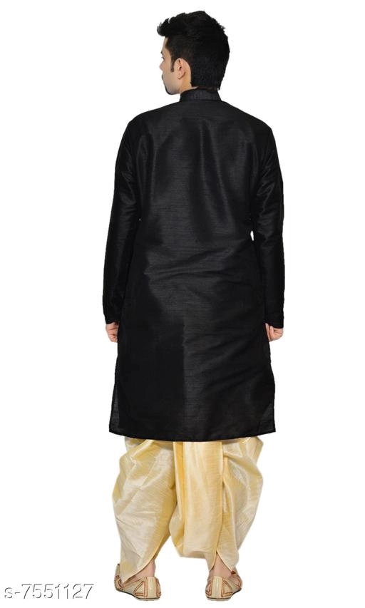 Dupion Silk Solid Kurta with Dhoti for Men (Black & Beige, S)