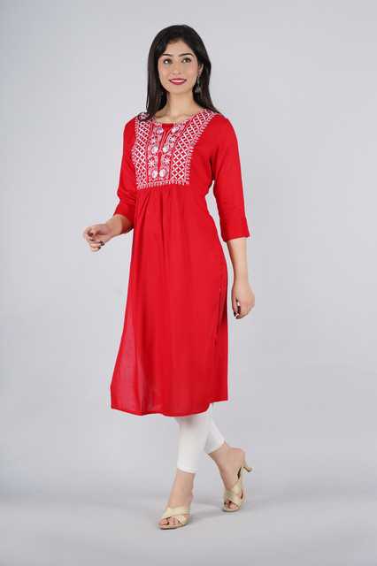 Women Trendy Rayon Embroidred Worked Kurti (Red, XL) (Z-10)