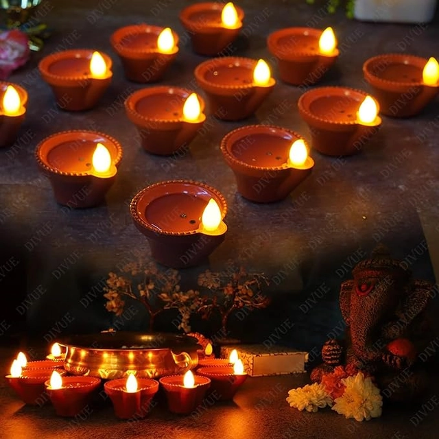 Plastic Traditional Water Sensor LED Diya for Diwali (Brown, Pack of 12)