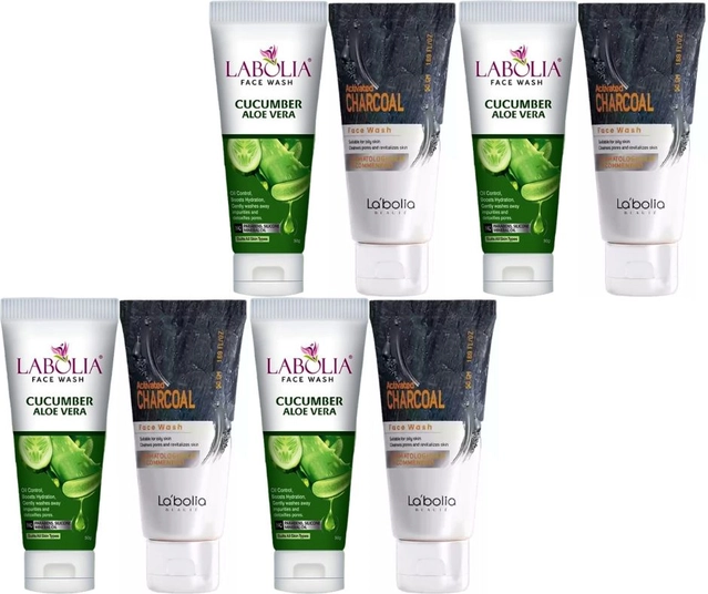 Combo of Labolia Beaute 4 Pcs Activated Charcoal & 4 Pcs Cucumber Aloe Vera Face Washes (50 g, Set of 8)