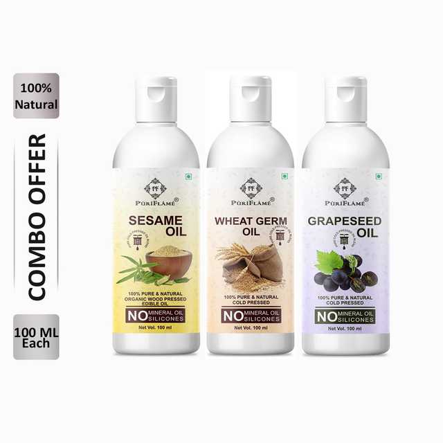 PuriFlame Pure Sesame Oil (100 ml) & Wheat Germ Oil (100 ml) & Grapeseed Oil (100 ml) Combo For Rapid Hair Growth (Pack Of 3) (B-7730)