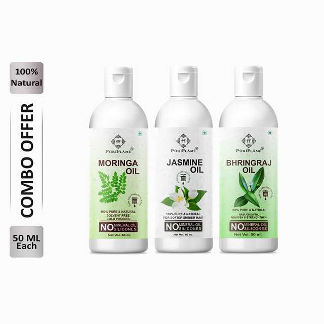 Puriflame Pure Moringa Oil (50 ml), Jasmine Oil (50 ml) & Bhringraj Oil (50 ml) Combo for Rapid Hair Growth (Pack of 3) (B-11810)