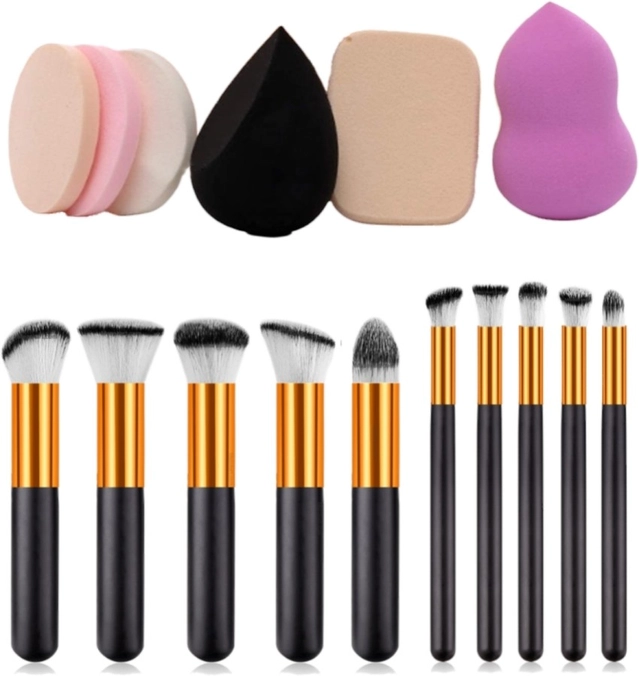 Combo of 10 Pcs Professional Makeup Brushes & 6 Pcs Blenders (Multicolor, Set of 2)