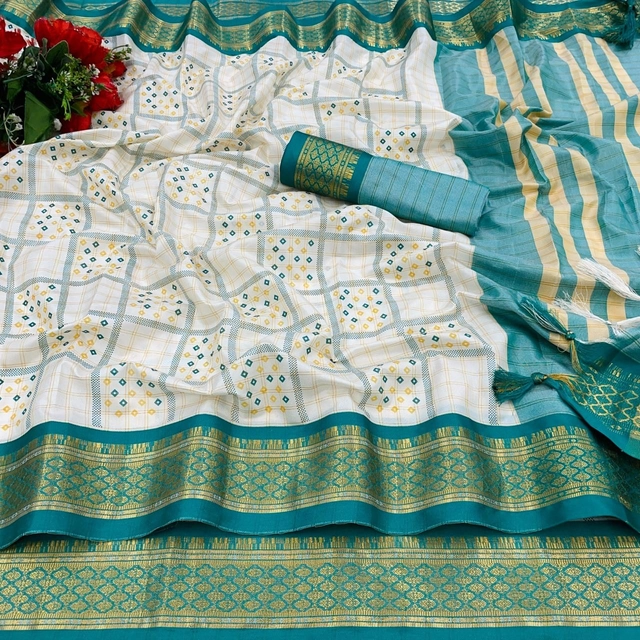 Banarasi Silk Printed Saree for Women (Teal & Cream, 6.3 m)