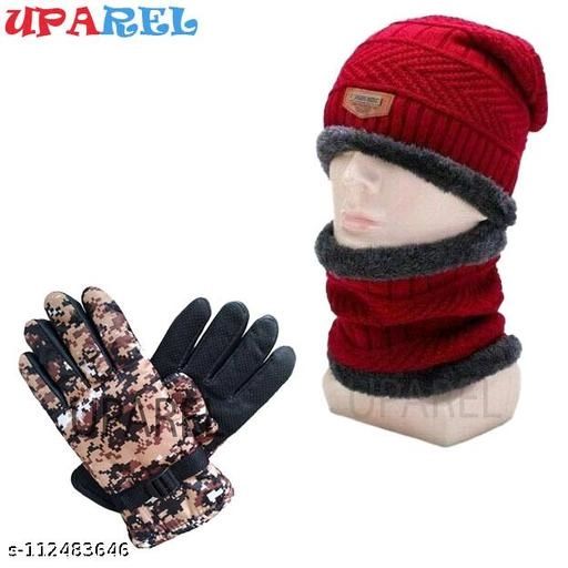 Woolen Cap with Gloves for Men (Multicolor, Set of 2)