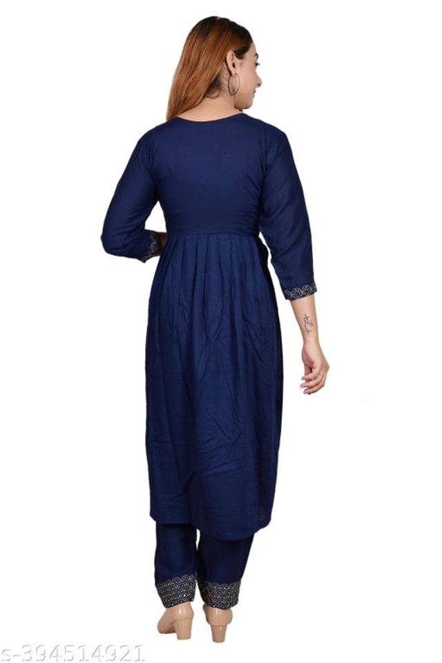 Rayon Embellished Kurti with Pant for Women (Blue, S)