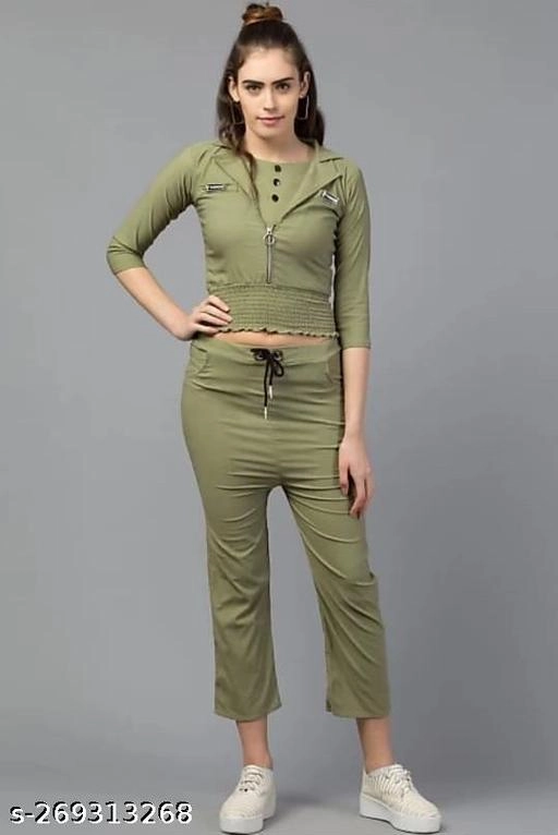 Cotton Blend Solid Top & Bottom Set for Women (Olive, L)