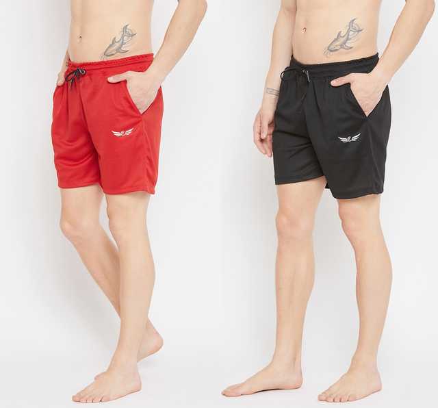 Men's Solid Active Shorts (Pack of 2) (Red & Black, 28) (CJ-20)